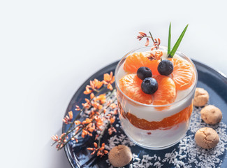 Mandarinen Joghurt Creme Nachtisch Dessert s&uuml;&szlig; Blaubeeren Heidelbeeren Glas Dekoration