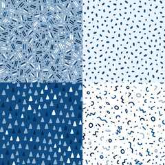 Hand drawn cute kids abstract seamless pattern set. Rustic, boho simple colorful blue background. Cartoon polka dots illustration