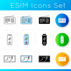 Mobile devices icons set. Handheld electronic gadgets. Smart technology. Radio set, fitness tracker, navigator. Compact digital tools. Linear, black and RGB color styles. Isolated vector illustrations