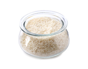 Uncooked rice in glass jar isolated on white