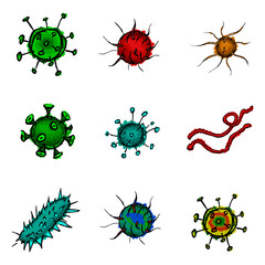 Collection of nine hand drawn virus concepts isolated on white. Clipart design element.