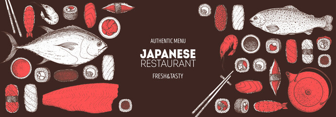 Sushi and rolls vector illustration. Hand drawn sketch. Japanese food menu design. Vintage vector elements for japanese cuisine menu. Retro style design. Food and drink collection.