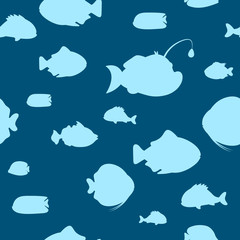 Cute silhouettes of fish of different shapes and sizes on dark background. Underwater marine wild life. Seamless pattern. Vector illustration.