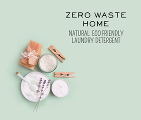 Fototapeta na wymiar zero waste home. natural eco friendly laundry detergent. Natural cosmetic product for cleaning and care. Ingredients DIY - essential oil, salt, bath soap, baking soda, lavender.