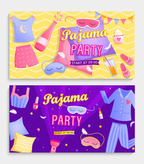 Obraz premium Set of pajama party's invitation banners.Night time for kids and parents, nightwear,pillows,games,sweets, fun.Posters for happy event. Birthday celebration for children in pyjamas.Vector illustration.