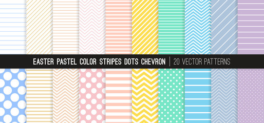 Easter Pastel Rainbow Color Stripes, Polka Dots and Chevron Vector Patterns. Light Shades of Rose Pink, Coral, Beige, Yellow, Turquoise, Blue, Lilac and Purple. 20 Pattern Tile Swatches Included. - 321129245