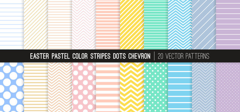 Easter Pastel Rainbow Color Stripes, Polka Dots and Chevron Vector Patterns. Light Shades of Rose Pink, Coral, Beige, Yellow, Turquoise, Blue, Lilac and Purple. 20 Pattern Tile Swatches Included.