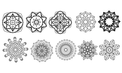Set of 10 black line mandala patterns