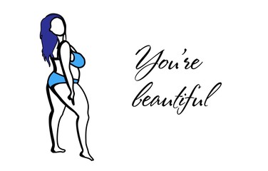 You're beautiful. Bodypositive concept. Accepting oneself. Fat woman in a swimsuit. Motivacin inscription..