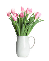 Beautiful pink spring tulips in vase isolated on white
