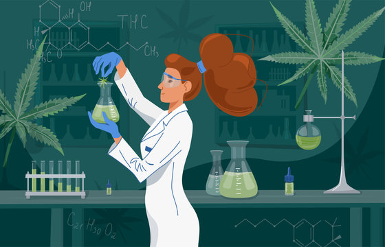 Female scientist in labcoat wearing nitrile gloves, doing experiments in lab. Cannabis oil in a laboratory. Medical research cbd and thc. Chemistry concept. Vector background
