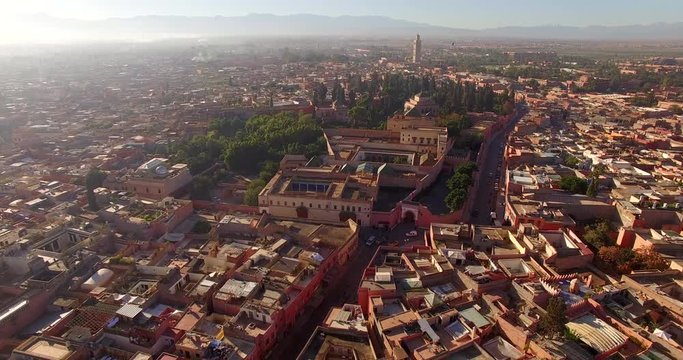 Aerial drone footage of residential district on sunny day, Marrakesh, Morocco