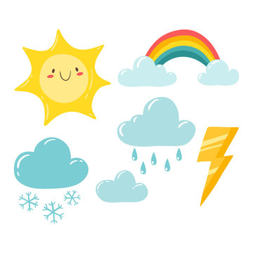 Set of weather stickers. Isolated flat vector illustration in simple cartoon style on a white background.