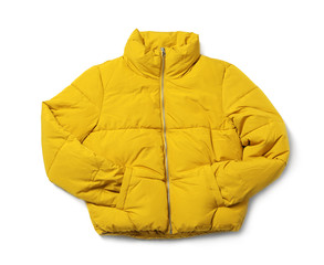 Yellow warm women's jacket isolated on white, top view