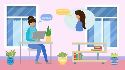 Girl sitting at computer desk in home room interior communicates via video or chat vector illustration. Friendly, family or at work business online people internet communication technology.