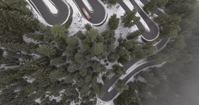 Aerial view of vehicles moving on winding road amidst trees on snow covered mountain, Italy