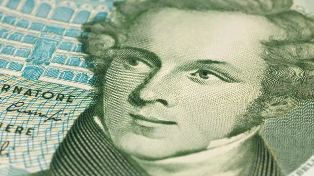Vincenzo Bellini portrait on Italy 5000 lira (1985) banknote rotating. Famous Italian composer. Low angle, macro. 4K, 422 10 bit