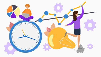 Business solutions, time management strategy concept with working people man, woman team vector illustration. Clock, gears, laptop, light bulb, graph, diagram web banner design isolated.