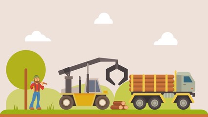 Timber truck, loader cars for forest logs transportation business and lumberjack vector illustration. Man worker with ax. Logging industry and lumber delivery machine vehicles.