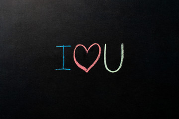 The inscription on the black board with chalk "I love you." Symbol designation with a pink heart and letters of different colors. Valentine's Day