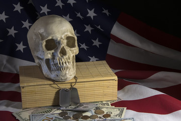 Human skull on the background of the American flag, dollars and military medallions. Concept:...
