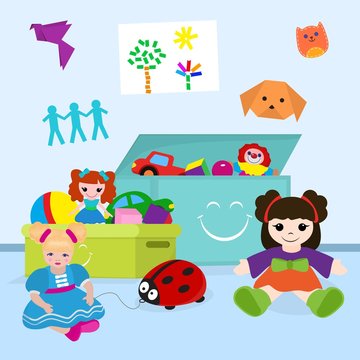 Boxes full of many toys for girl vector illustration flat. Childrens toys for babies cute dolls, clown, ball, cars, ladybug in containers. Kids playroom with drawings, crafts, origami.