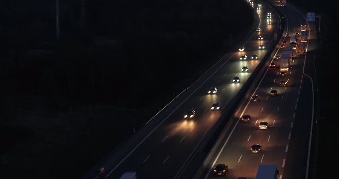 Drone footage of vehicles moving on highway at night, Baden-Wuerttemberg, Germany