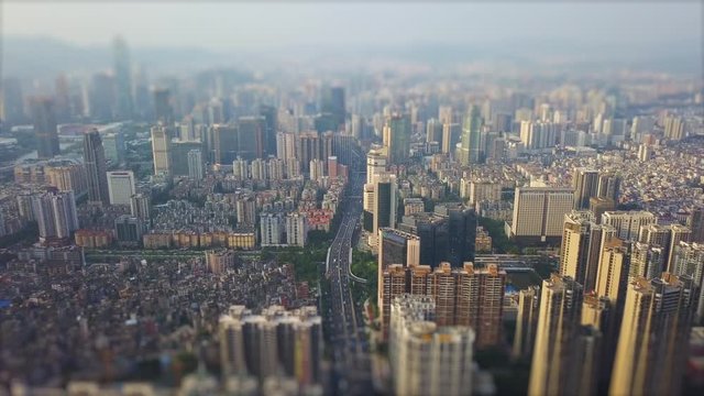 sunset time guangzhou downtown city slum block traffic aerial panorama tilt-shift 4k china