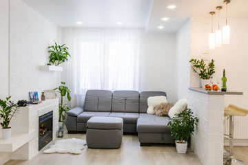 Modern living room and kitchen in small apartment