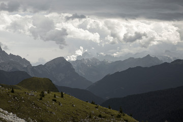 Hiking Dolomites mountains of Passo Giau. Peaks in South Tyrol in the Alps of Europe. Thunder mood