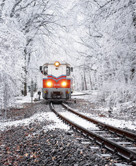 Winter forest scene with snow and old colorful train on the track in Budapest