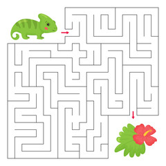 Maze game for preschool children. Cartoon chameleon with exotic tropical flower. Jungle animals. Printable labyrinth.