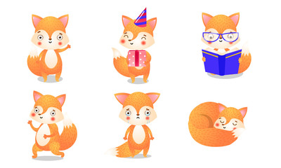 Set of cute red foxes doing casual things vector illustration