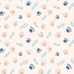 Seamless pattern with simple fish and paw print from cat steps. Color vector illustration. Design for packaging goods or textiles for animals.