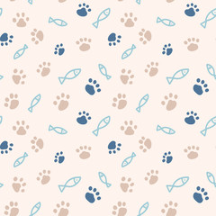 Seamless pattern with simple fish and paw print from cat steps. Color vector illustration. Design for packaging goods or textiles for animals.