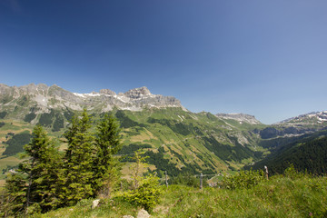 Fototapeta na wymiar View over the Schaechental in Switzerland seen from the Sittlisalp