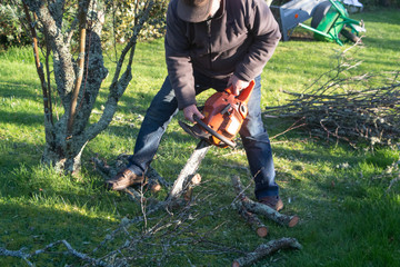 Lumberjack cutting branch on the ground with a chain saw