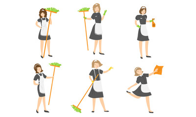 Set of young happy women maids making housekeeping vector illustration