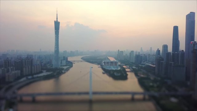 sunset sky guangzhou city canton tower liede bridge river island aerial panorama tilt-shift 4k china