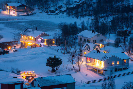 Grotfjord Village In The Winter Time, Kvaloya, Troms, Norway