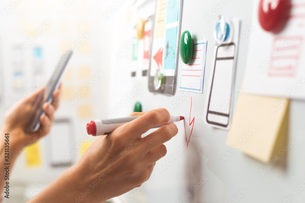 Poster ui website designers are developing a mobile phone application interface. user experience