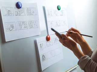 Design drawings of storyboards for animated cartoons.