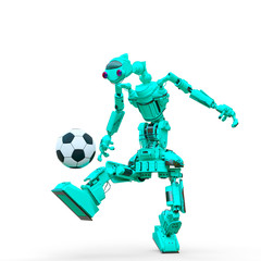 friendly robot is playing football in white background