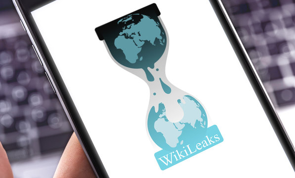 WikiLeaks logo on the screen smartphone. WikiLeaks is an international nonprofit organization that publishes classified information. Moscow, Russia - September 23, 2019