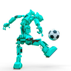friendly robot is playing football in white background rear view