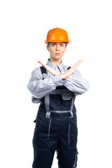 Female engineer builder shows hand gestures STOP. Isolated