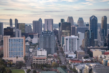 Naklejka premium Aerial View of Downtown San Diego at Dawn - San Diego, California, USA