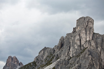 Hiking Dolomites mountains of Passo Giau. Peaks in South Tyrol in the Alps of Europe. Massive peak