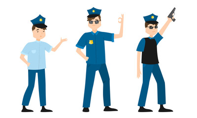 Men policemen in traditional blue uniform with gun vector illustration