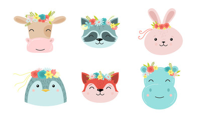 Funny cute animal faces with floral wreaths vector illustration